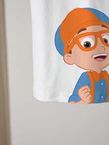 Blippi X SHEIN 女童休闲卡通字母印花T恤，夏季 - 白色 - 查看 4