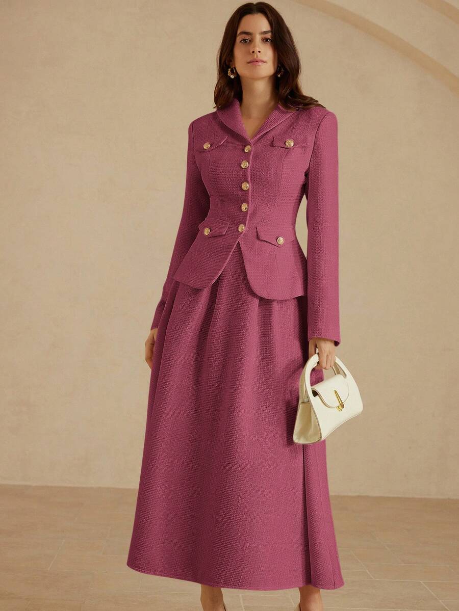 Aveloria Rosie Conjunto de 2 piezas: Chaqueta de mujer de diseño elegante y chic de tela de tweed con bolsillos con botones, y Falda de mujer de estilo minimalista acampanada de tweed - Rosa Fucsia - Ver 1