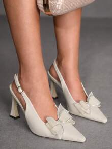 CUCCOO SZL 女士米色网纱蝴蝶结高跟鞋，尖头露跟高跟派对伴娘鞋 - 米色 - 查看 1