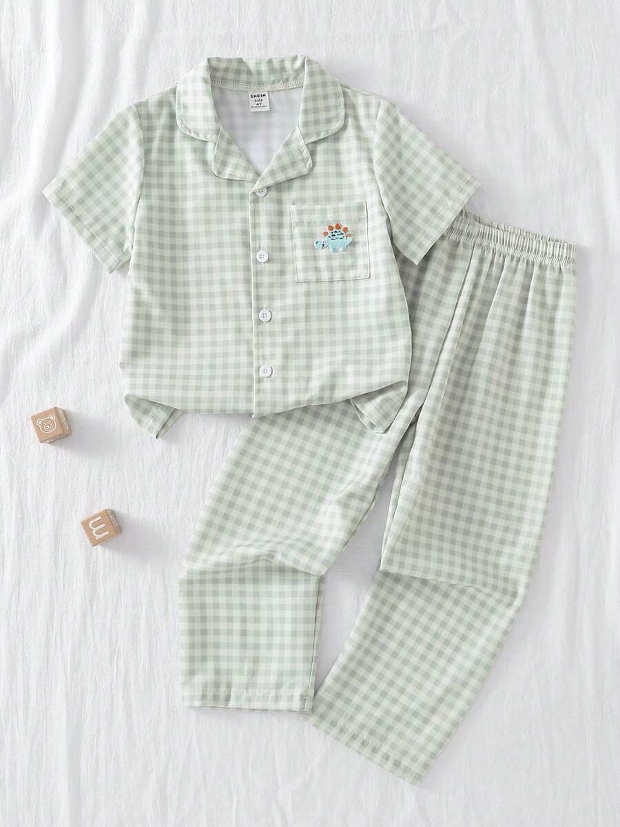 Young BoyGreen Patch Pocket Dinosaur Print Lapel Short Sleeve Pajama Set - Army Green - View 1