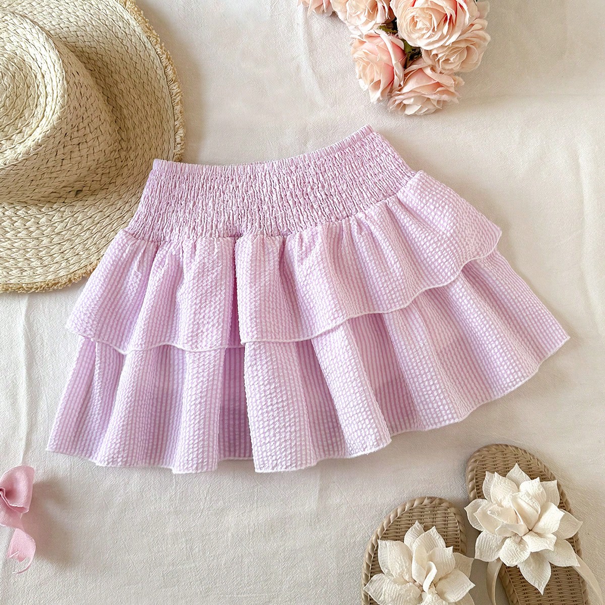 Falda a línea con fruncido en la cintura a rayas, rosa y blanco, para niñas preadolescentes