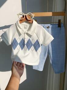 SHEIN 两件套男宝宝春夏学院风菱格纹短袖Polo衫及蓝色格子裤绅士套装，适合生日派对、锐舞派对、晚宴、演出、婚礼、迎婴派对、一周岁生日庆祝等场合。 - 彩色 - 查看 9