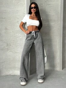 EURMUSE WOMEN Elastic Waist & Belted Cargo Denim JEANS MID WAIST - Grey - View 5
