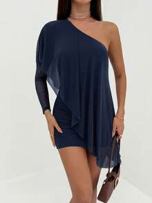 Aloruh Đầm ngắn nữ màu trơn lệch vai tay dài xếp nếp gợi cảm - Màu xanh hải quân - Xem 1