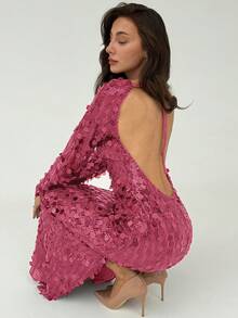 Aloruh Vestido largo de fiesta con cuello en forma de corazón y lentejuelas, para Navidad y Halloween - Burdeos - Ver 1