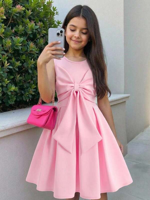 Tween Girl Elegant Luxurious Pink Formal Dress, Flower Girl Princess Dress, Sleeveless Wedding Gown With Big Bow, Glamorous Princess, Formal Attire, Sibling Outfits, Party Wear, Birthday Sister Dress, Suitable For Girls' Daily Wear, Festivals, Family Gatherings And Special Occasions, Sibling Style Outfits, Spring/Summer, Cute, Elegant, Sweet, Retro, Fashionable. Matching Outfits For Mom And Daughter, Sisters.
