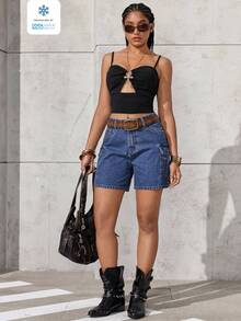 Quần short denim nữ dáng rộng, thoải mái, có túi hộp. - Màu xanh hải quân - Xem 3
