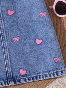 SHEIN Baby Girl Cute Pink Ribbon Bow Denim Dress,Kid Girls Spring And Summer Casual Vacation Country Boho Wear, Beach Outfits For Kid Girls, Spring Break Outfits,Rave Outfits Festival Denim Dress,Cute Vacation Print Dress - Light Wash - View 7