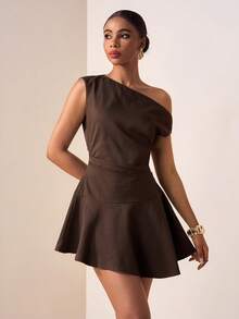 Zivah 2026春夏新款音乐节、复活节、圣帕特里克节、情人节、约会、西部风情、游牧风、生日派对、毕业典礼、大学、学生、日常穿着、百搭基础款、休闲、度假、邮轮旅行、海滩、日光浴、爆款、街头风、婚礼宾客波西米亚风、通勤、早午餐、机场、派对、假日郊游、办公室穿着不对称肩部A字亚麻棕色连衣裙 - 棕色 - 查看 5