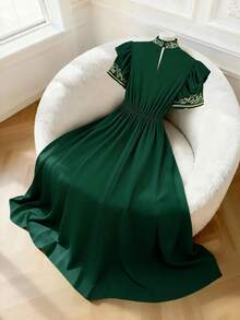 GlowEve Women's Embroidered Collar Waist A-Line Elegant Everyday Vacation French Retro Commute Fashion Valentine's Day Date Street Versatile Party Midi Dress, Olive Green, Early Spring/Spring-Summer - Green - View 2