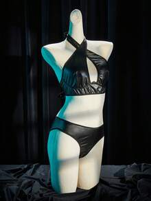 SpicyHot 2pcs Women's Valentine's Day PU Lace-Up Sexy Lingerie Set - Black - View 7