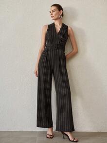 MOTF PREMIUM 条纹印花水钻细节翻领搭扣腰带无袖阔腿连体裤 - 銀色 - 查看 5