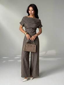 SHEIN PETITE 女士夏季新款简约优雅日常休闲亚麻通勤宽领露肩上衣搭配阔腿裤套装 - 咖啡棕 - 查看 7