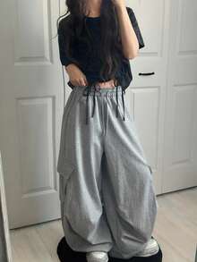 FRIFUL Camiseta holgada y versátil de manga corta con cordón, a cuadros, para mujer, primavera/verano - Gris Oscuro - Ver 12