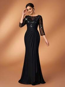 Serin 优雅奢华的珍珠亮片刺绣蕾丝贴花薄纱袖针织网纱荷叶边鱼尾连衣裙，适合婚礼、派对、节日、新娘、新娘母亲、晚礼服等场合。 - 黑色 - 查看 7