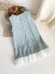 女婴休闲拼接格子波点提花蝴蝶结装饰荷叶边下摆可爱清新连衣裙 - 綠色 - 查看 2