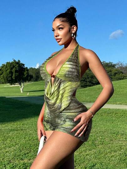 Zolique 2025 Spring/Summer New Women Sexy Sleeveless Tie Dye Fabric Swing Collar Wear Wooden Beads Decorative Back Strap Design Set, Suitable For Music Festival