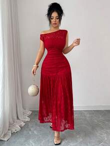 Elenzga 新款女士斜肩蕾丝针织连衣裙，带衬里，年轻优雅，适合情人节、圣诞节、派对等场合，修身百搭长裙 - 紅色 - 查看 5