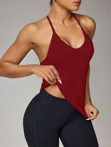 Easithlete 女式纯色日常健身挂脖背心 - 紅色 - 查看 4