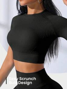 Gameset SHEIN Sport 两件套服装无缝插肩袖运动套装女士健身套装女士紧身裤套装健身房女士服装 - 黑色 - 查看 4