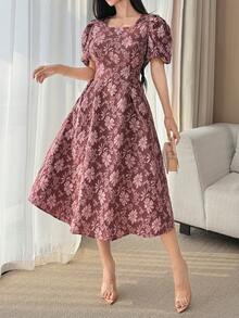 DAZY 女士方领收腰A字纹理面料连衣裙波西米亚风 - 酒紅色 - 查看 5