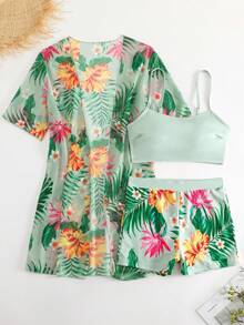 SHEIN Swim Bộ bikini gồm áo hai dây màu trơn và quần short in hoa, kèm áo khoác tay ngắn. - Nhiều màu - Xem 7