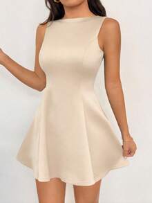 SHEIN PETITE 女士纯色无袖A字腰身优雅连衣裙，适合秋季约会 - 杏色 - 查看 3