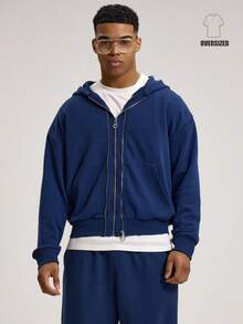 Musero Oversized Dropped Shoulder Long Sleeve Sweat Jacket Hooded Triple Zip Style Zipthrough Hoodie Co Ord Tracksuit Top Only SPRING SUMMER Essentials - Navy Blue - View 1
