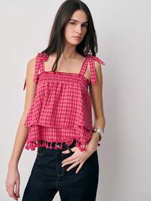 Nöista Áo kiểu kẻ caro với dây buộc điều chỉnh được, cổ áo xếp ly và thiết kế nhiều lớp với tua rua ở gấu áo. Thích hợp cho mùa xuân, hè và lễ Phục sinh. - Đỏ - Xem 4