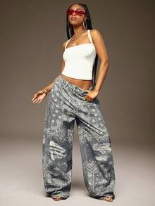 Denimoi 佩斯利花纹阔腿宽松男友风牛仔裤，时尚街头风宽松牛仔裤 - 藍色 - 查看 2