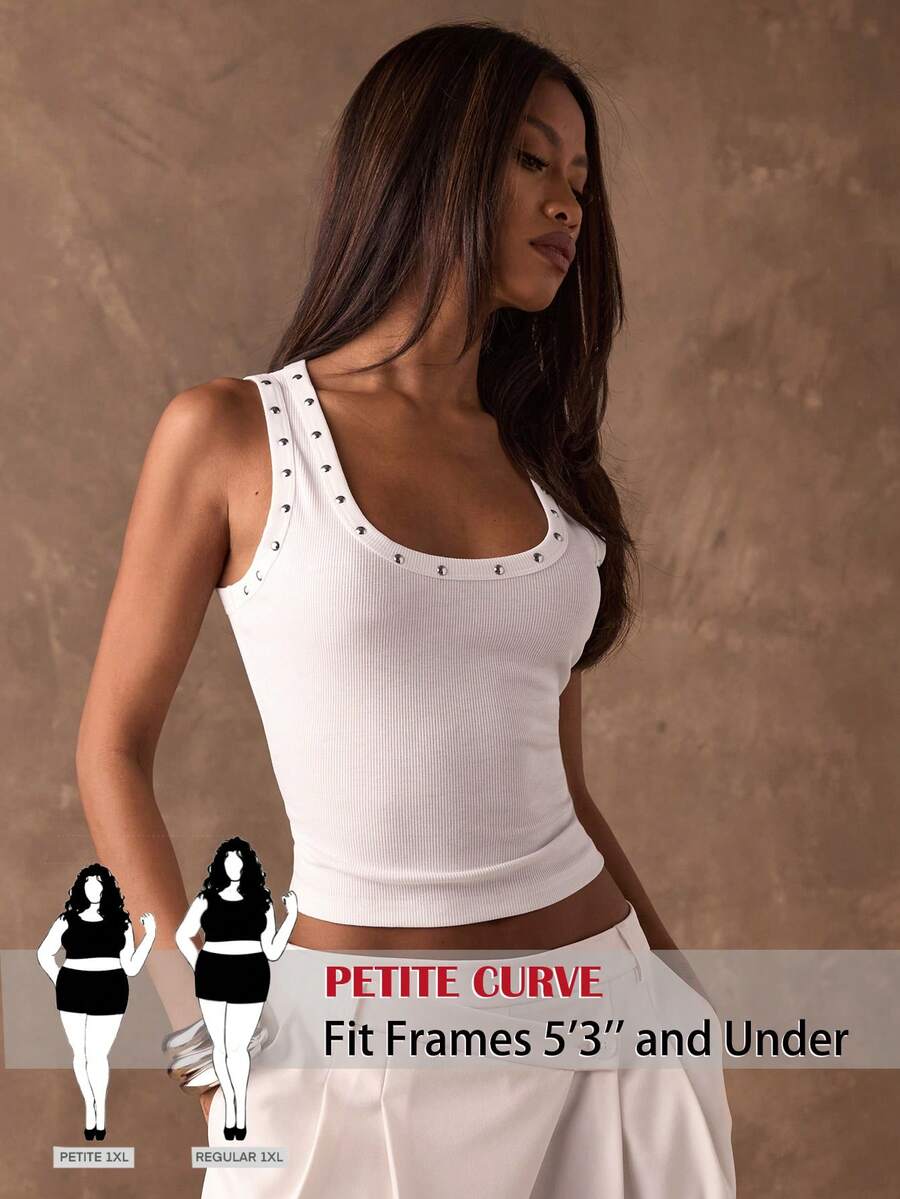 SHEIN PETITE CURVE Plus Size Casual White Rib-Knit Scoop Neck Tank Top Regular Length Semi-Sheer - White - View 1