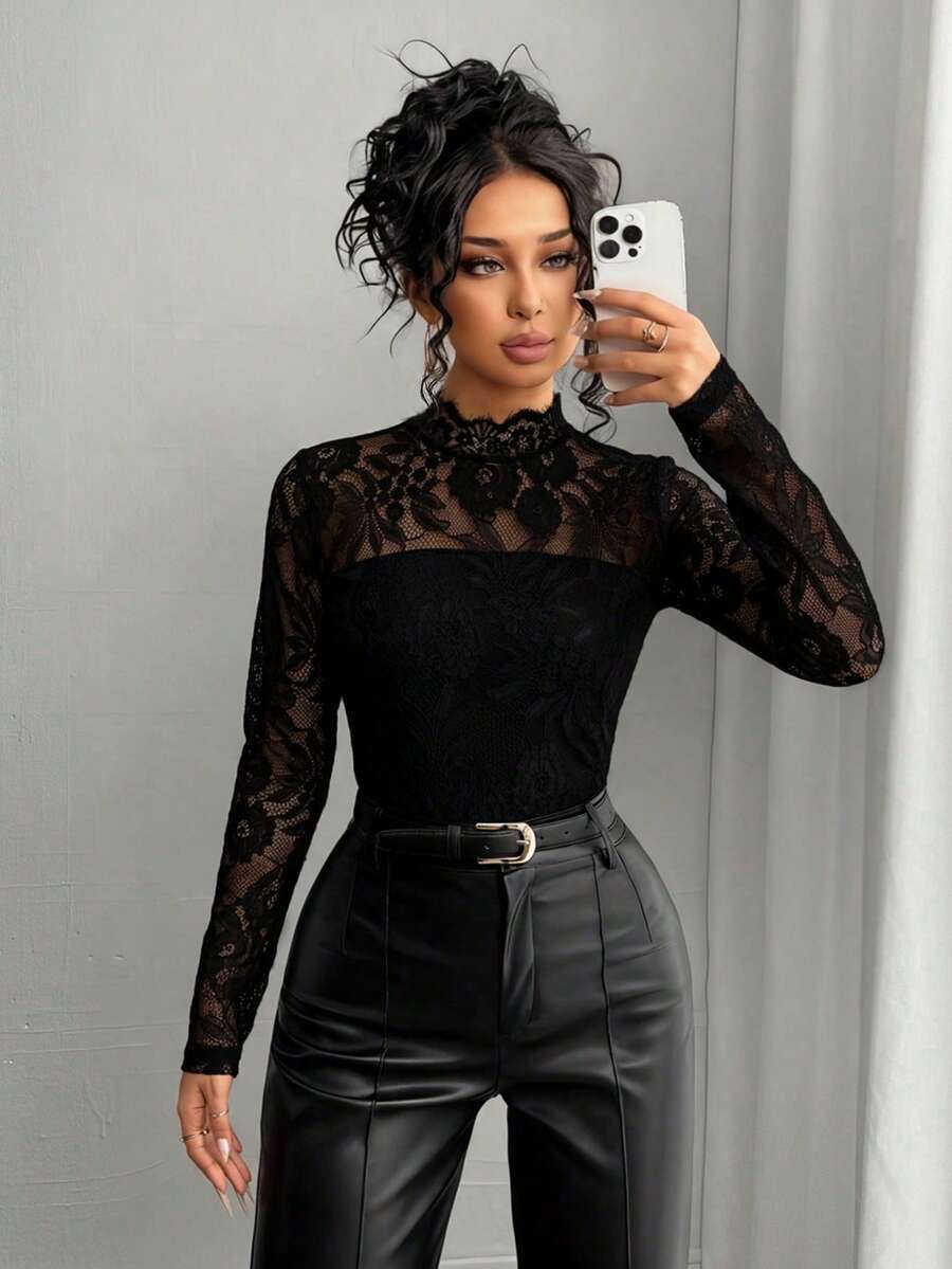 Rafferiza Petite Áo thun dài tay ren xuyên thấu gợi cảm thanh lịch dành cho nữ - màu đen - Xem 1