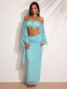 SHEIN BAE 女士性感波西米亚风度假风纯色露肩抽绳灯笼袖超短上衣和迷你裙套装，春夏款。这款绿色露肩荷叶边两件套非常适合浪漫约会、派对、正式聚会、生日装扮、海滩度假、海滩派对和日常出行。（夏季、春季、派对、海滩、度假、夏季度假装扮、假日） - 薄荷綠 - 查看 5