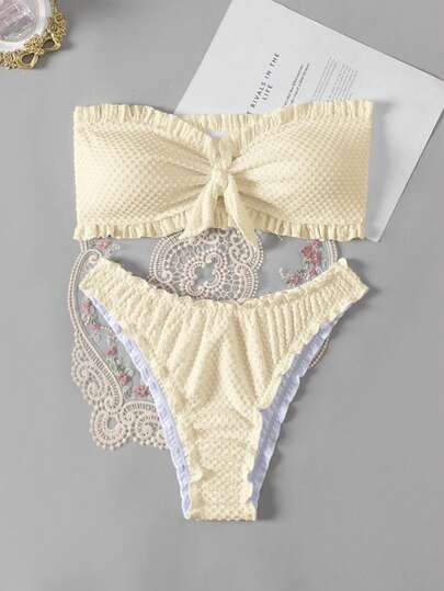 Swim Basics 女士纯色荷叶边系带性感比基尼泳装套装，夏季沙滩