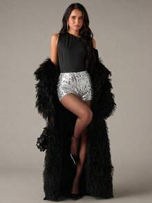 SHEIN BAE Women's Solid Color Sequin Embellished Tight Shorts, Fashionable For Party Occasions - Silver - View 4