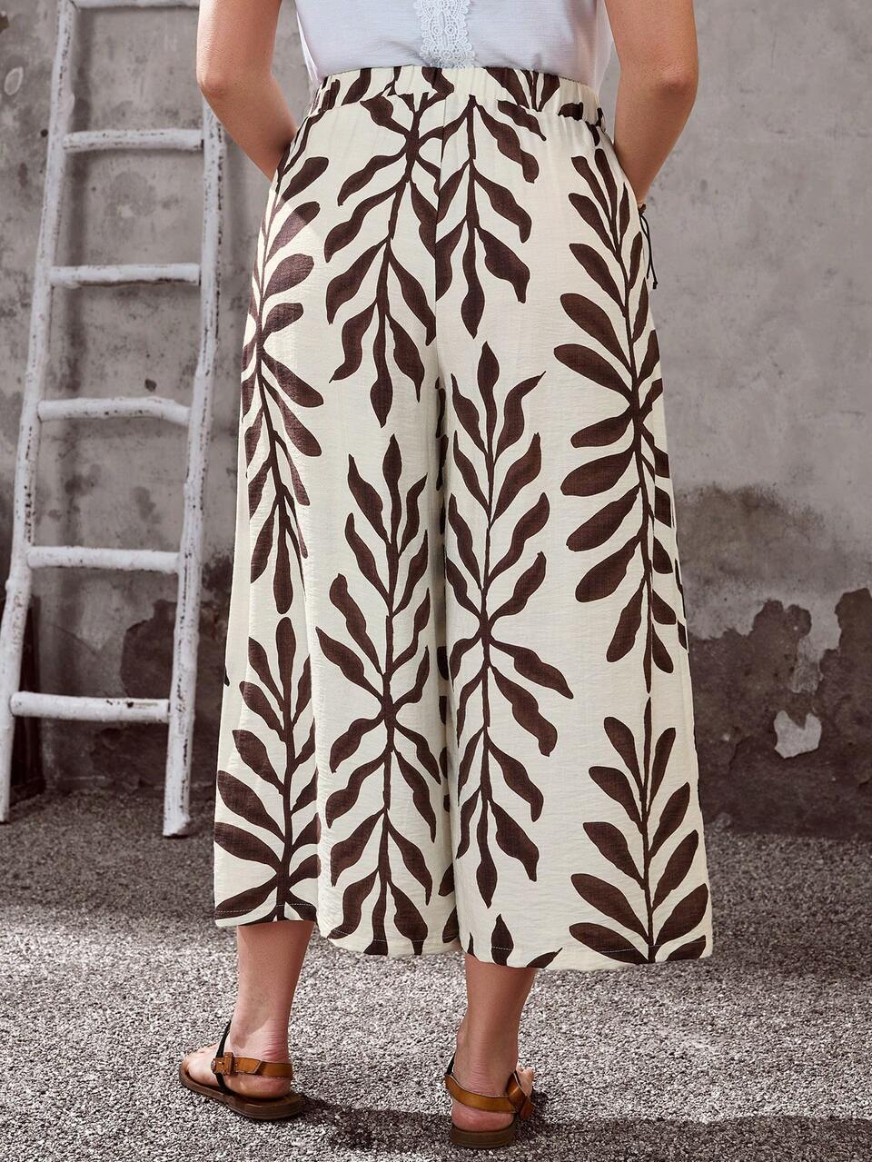 Plus Size Women's Beige Summer Boho Vacation Holiday,Country Plant Floral Print Pocket Wide Leg Loose Capri Pants,Casual Spring Break Beach Wear Fall