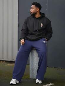 Heavens Edit 男士休闲街头鲤鱼莲花印花口袋抽绳连帽衫，保暖内衬，秋冬季长袖上衣 - 黑色 - 查看 5