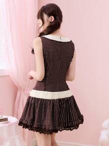 ROMWE Kawaii 复古甜心提拉米苏波点蝴蝶结无袖迷你连衣裙 - 咖啡棕 - 查看 3