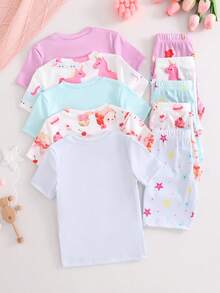 SHEIN 【2件套】女童独角兽卡通印花短袖短裤针织贴身睡衣家居服套装 - 彩色 - 查看 2