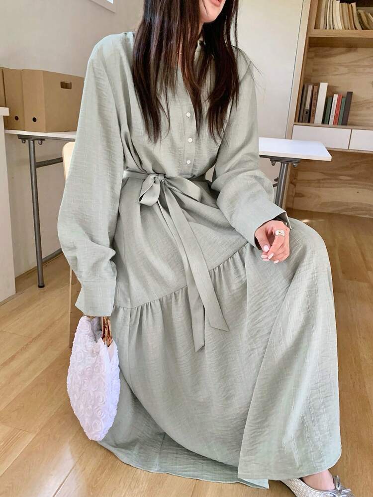 Dazy Plus Plus Size Women Solid Color Long Sleeve Button Half Placket Casual Shirt Dress Sun Dresses For Women