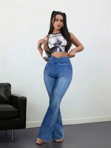 SHEIN Tall 女士休闲高腰喇叭水洗牛仔裤 - 淺色水洗藍 - 查看 6