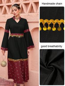 Al Najma Solid Color Patchwork Geometric Print Waist Cinched Dress With Belt - Multicolor - View 4