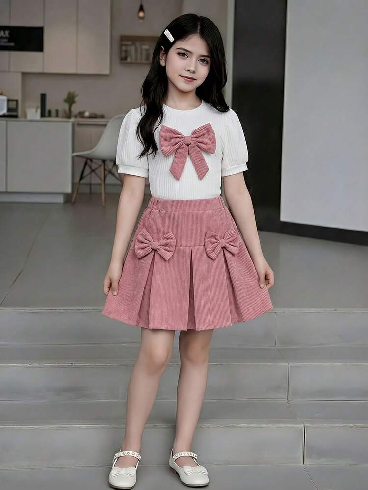 Elladie kids 2pcs/Set Tween GirlsSummer New 2025 Knit White Faux Fur Fabric Round Neck Puff Sleeve Bow Front T-Shirt + Corduroy Pleated Skirt With Bow Decor, Simple Elegant School Uniform Set - Dusty Pink - View 1