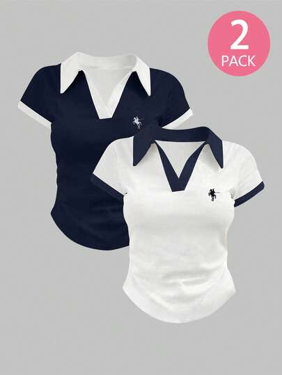 2pcs/Set Teen GirlPolo Shirts, Navy Blue, Dark Blue, Blue, Blue & White, Slim Fit, Suitable For Outings, Retro Campus, Classic Logo, Suitable For Girls, Polo, Fashion, Spring/Summer, Spring/Autumn, All Seasons, Comfortable Shirt Pack Girls Cop Tops For Girls Cute Preppy Tops For Girls 11 12 Tops For Tweens Pack Pack Of Tops