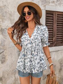 EMERY ROSE Damen V-Ausschnitt Blumen Muster Lässig vielseitig Alltagskleidung Hemd Sommer Oberteile Urlaubsoutfits Damen Sommerurlaub Outfits Urlaubsoutfits für Damen V-Ausschnitt Blusen für Damen Damen Blusen Sommer Kurzarm Sommer Oberteile V-Ausschnitt Tops Sommer Lässig Tops Urlaubsoutfits Damen Ausgeh-Oberteile für Damen - Verschiedenfarbig - Übersicht 1