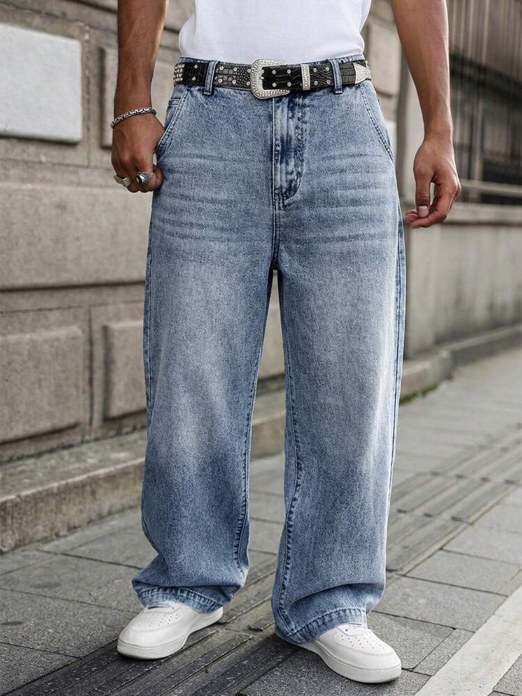 GALLERY FADE Men's Washed Blue Casual Wide Leg Loose Fit Denim Jeans Going Out Urban Hang Out Vacation Work - Light Wash - View 4