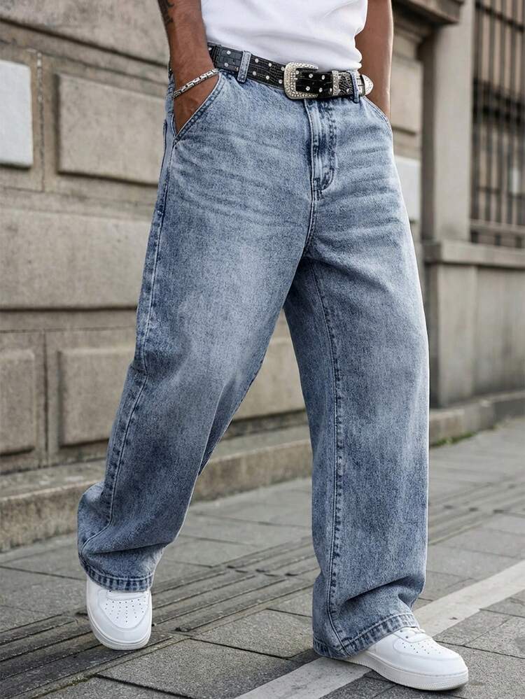 GALLERY FADE Men's Washed Blue Casual Wide Leg Loose Fit Denim Jeans Going Out Urban Hang Out Vacation Work - Light Wash - View 5