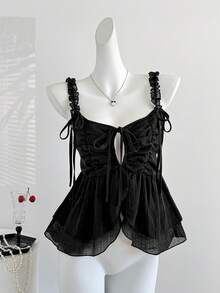 Sweetra Y2K Aesthetic Sexy Bowknot Design Casual Classic Black Blouse, American Subculture Style, Spring/Summer New Arrival - Black - View 4