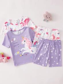 Conjunto de pijama de 4 piezas para niñas pequeñas con estampado de unicornio y estrella arcoíris, incluye top de manga corta y pantalones cortos, suave y cómodo - Multicolor - Ver 6