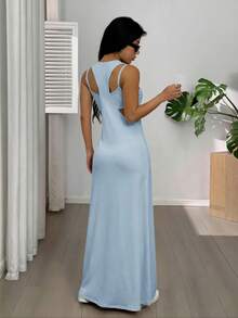 SHEIN EZwear 女士纯色简约设计休闲长裙，夏季 - 藍色 - 查看 2